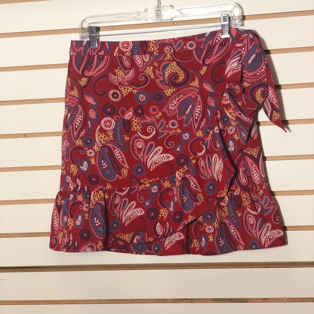 Loft Red Paisley Ruffle Wrap Mini Skirt